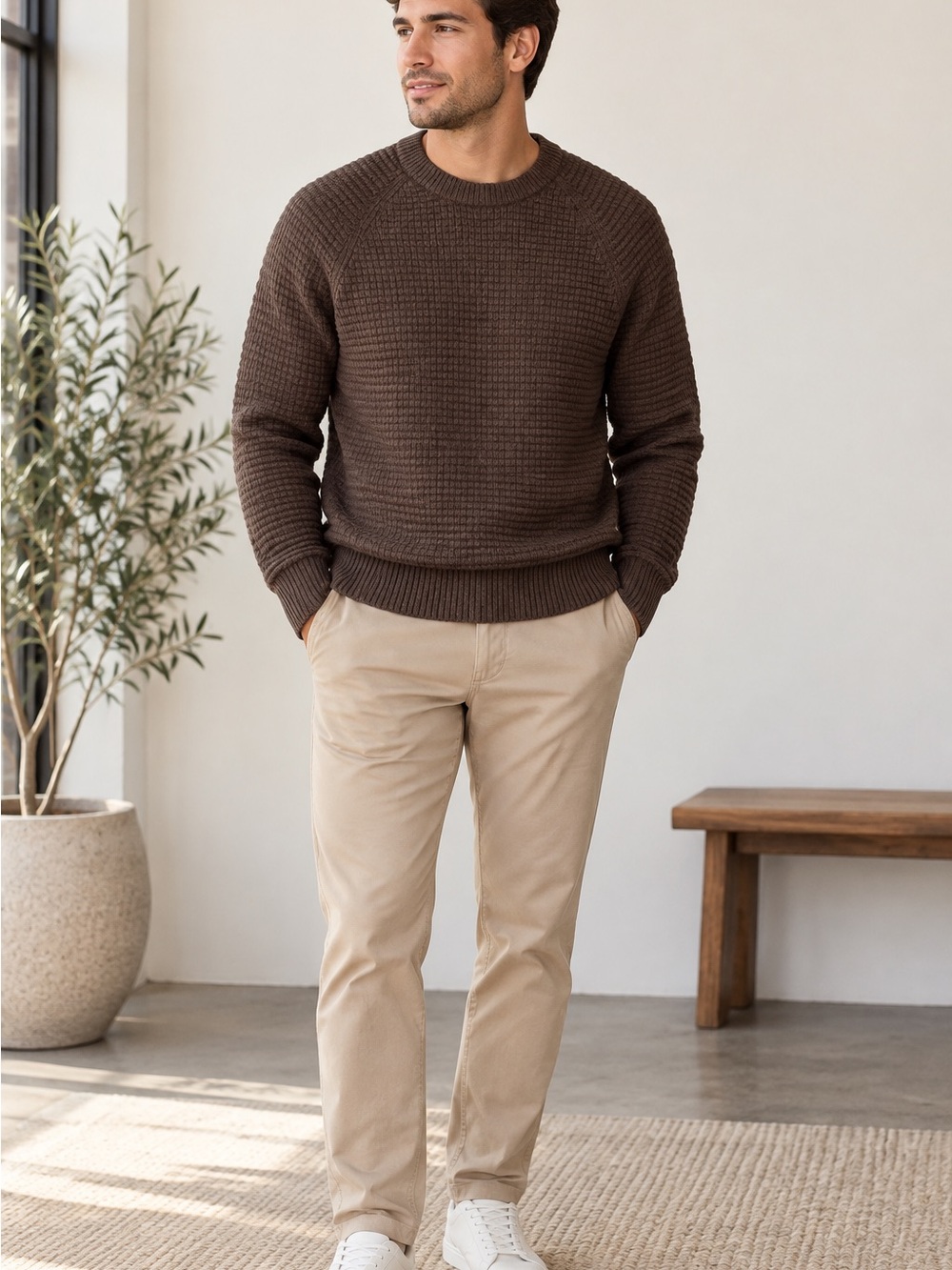 Banana Republic Men's Chocolate Brown Textured Crewneck Sweater